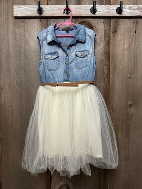Weavers Girl Jean Tulle Mixed Media Dress with Belt in Blue Cream Size 14